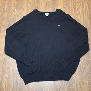 Lacoste Mens XL Organic Cotton Jersey V-Neck Sweater Black Chest Logo Stretch E9